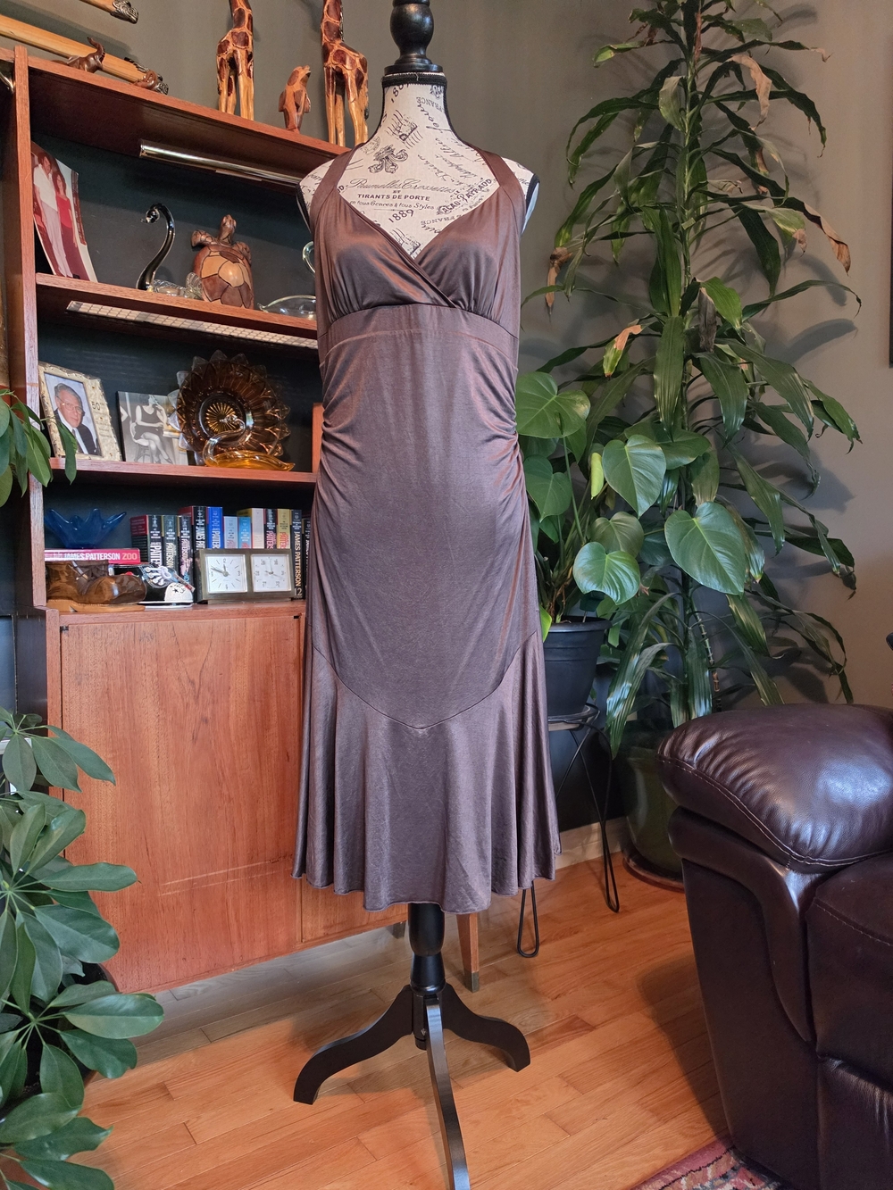 le Chateau Brown Satin Halter Dress with Elastic Waist